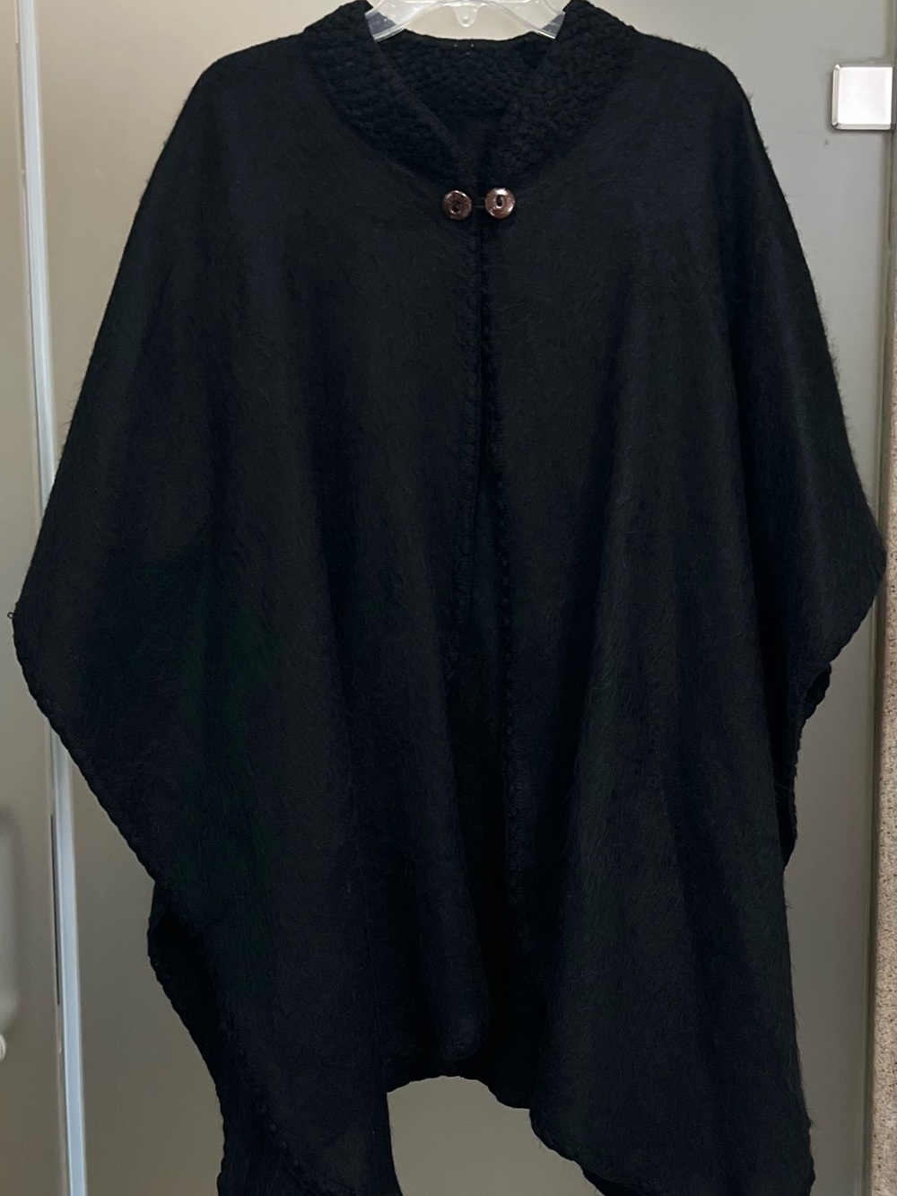 Black Knit Button-Front Poncho Cape